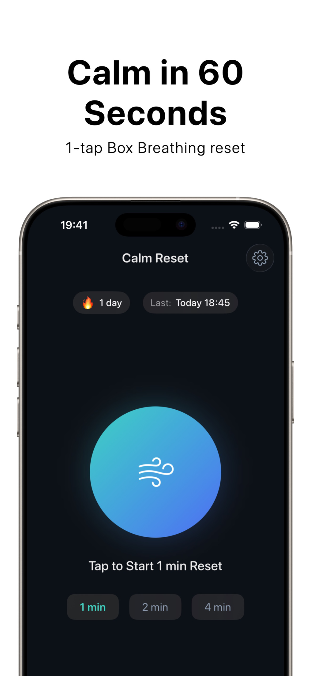 Box Breathing app home screen with one-tap 60 second breathing session