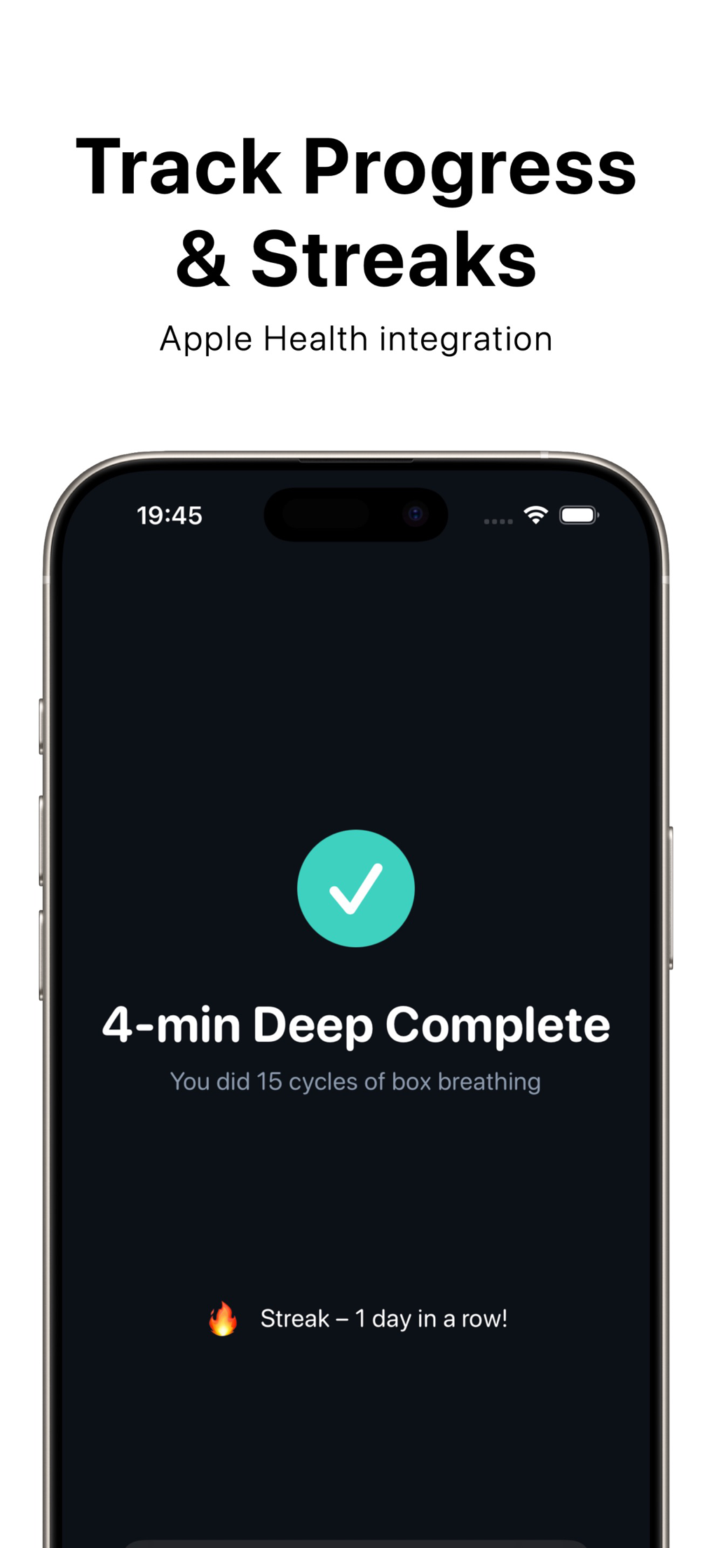 Session complete screen with streak badge and Apple Health integration