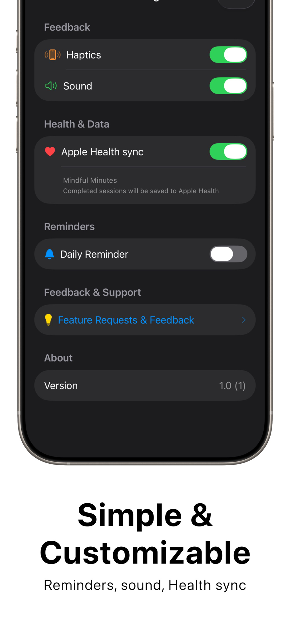 Settings with haptics, sound, Apple Health sync, and daily reminder toggles